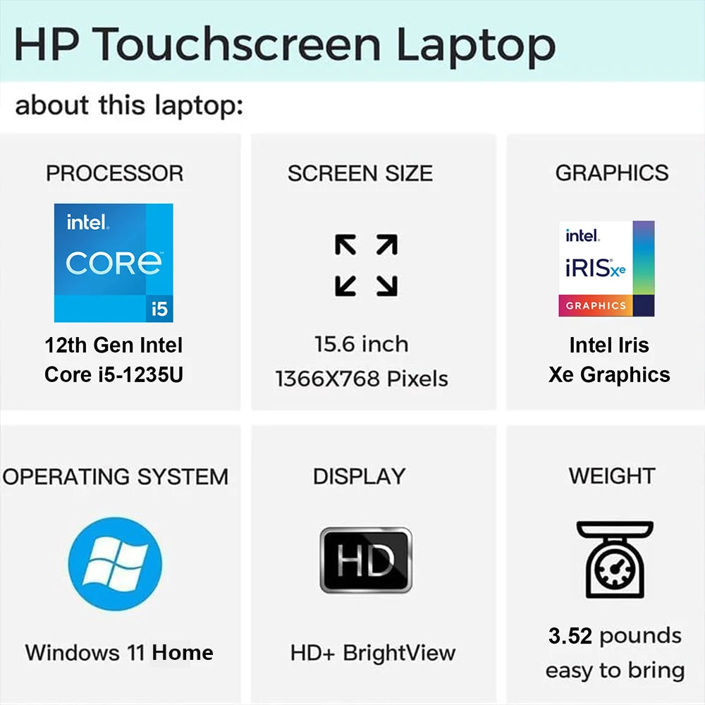 HP Business Laptop,15.6" Touchscreen Laptop,Intel Core i5-1235U,Up to 64GB RAM,2TB SSD,Intel Iris Xe Graphics,Win 11