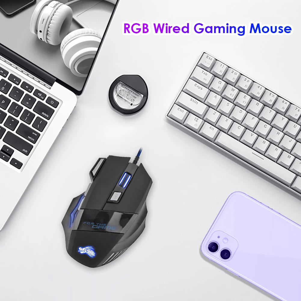 Wired Gaming Mouse 7-Color Backlight 5500 DPI Adjustable Black Wired Optical