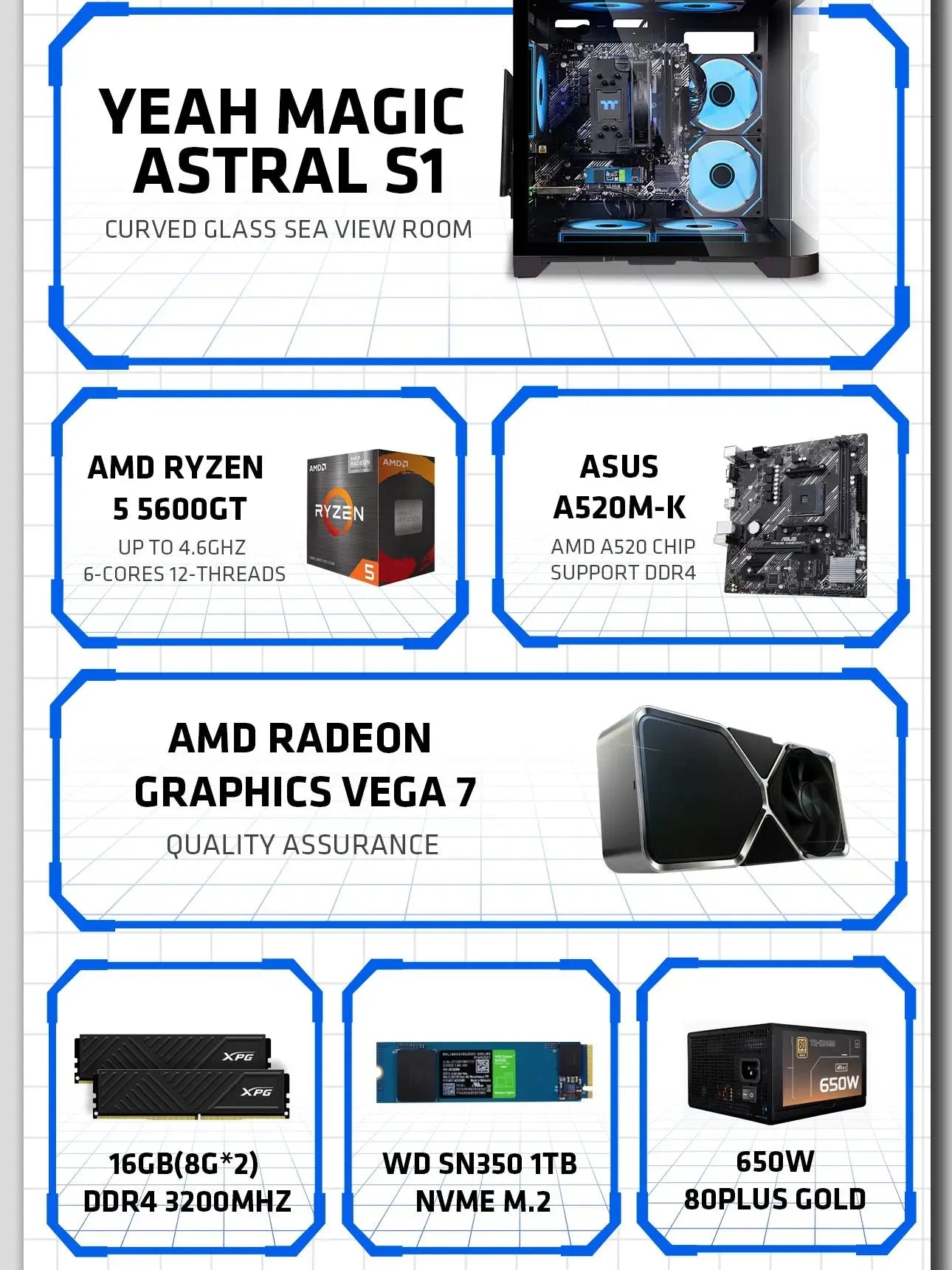 Gaming Desktop AMD Ryzen 5 5600GT 3.9GHz 16GB(8G*2) DDR4 1T NVME SSD ARGB 7 Fans