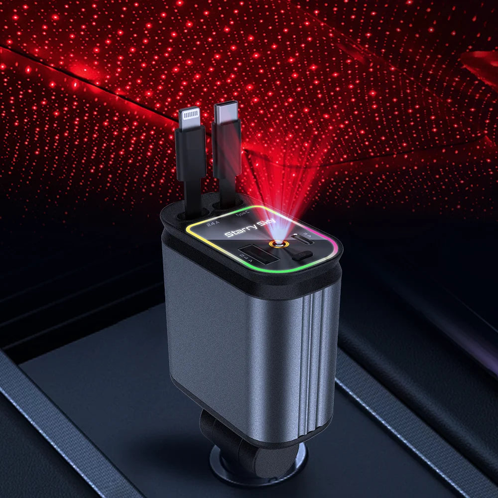 4 in 1 New Upgraded Retractable Car Charger with Starlight,66W USB C Fast Car Charger Adapter with 2 USB Ports Car Phone Charger