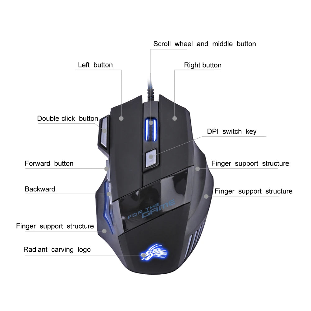 Wired Gaming Mouse 7-Color Backlight 5500 DPI Adjustable Black Wired Optical
