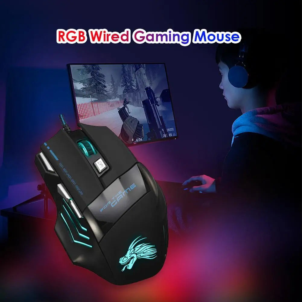 Wired Gaming Mouse 7-Color Backlight 5500 DPI Adjustable Black Wired Optical