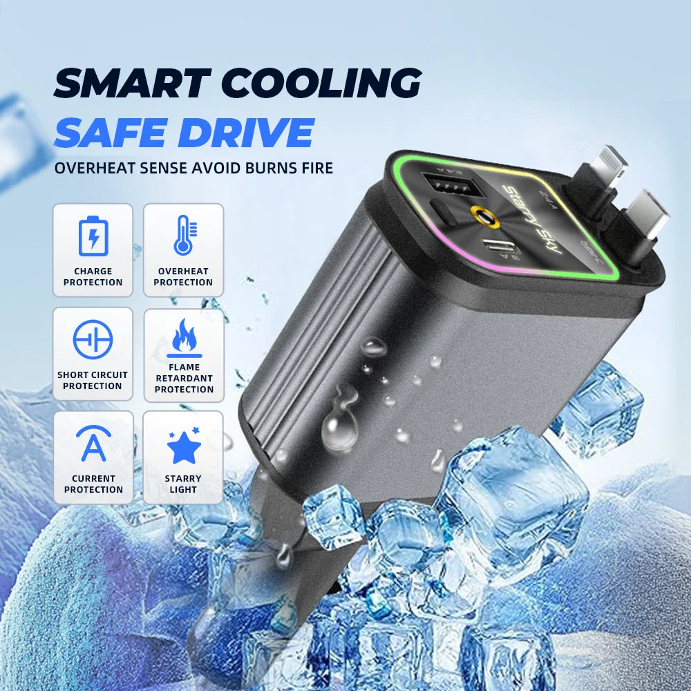 4 in 1 New Upgraded Retractable Car Charger with Starlight,66W USB C Fast Car Charger Adapter with 2 USB Ports Car Phone Charger