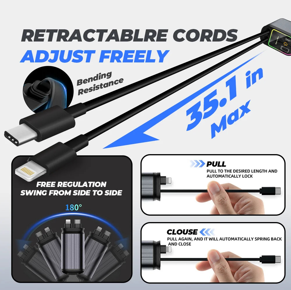 4 in 1 New Upgraded Retractable Car Charger with Starlight,66W USB C Fast Car Charger Adapter with 2 USB Ports Car Phone Charger