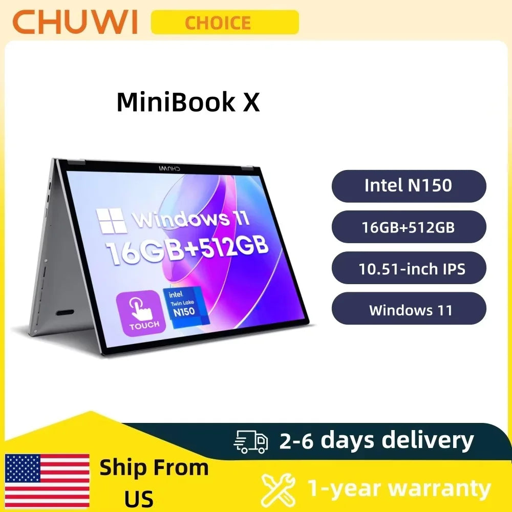2 in 1 Laptop Intel N150(up to 3.6GHz) 512GB ROM 16GB LPDDR5 10.51" Windows 11