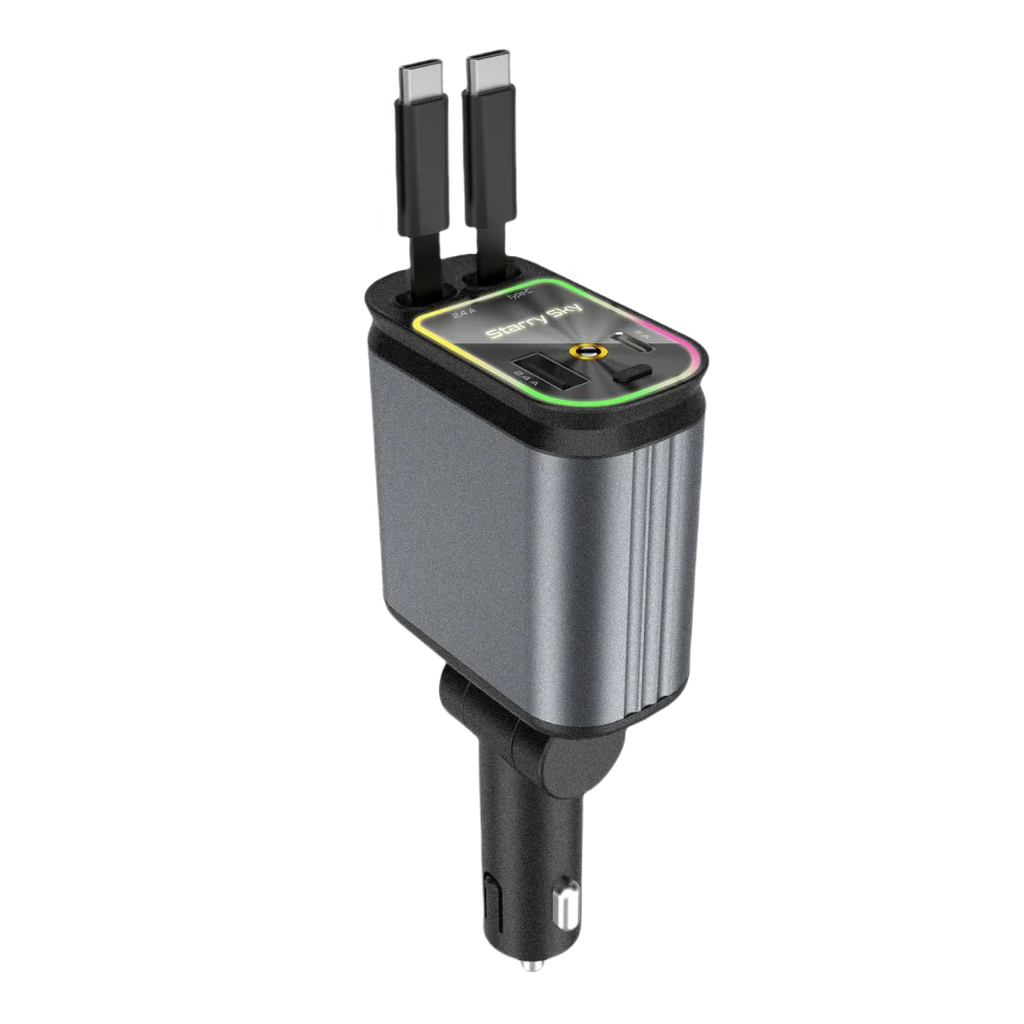 4 in 1 New Upgraded Retractable Car Charger with Starlight,66W USB C Fast Car Charger Adapter with 2 USB Ports Car Phone Charger