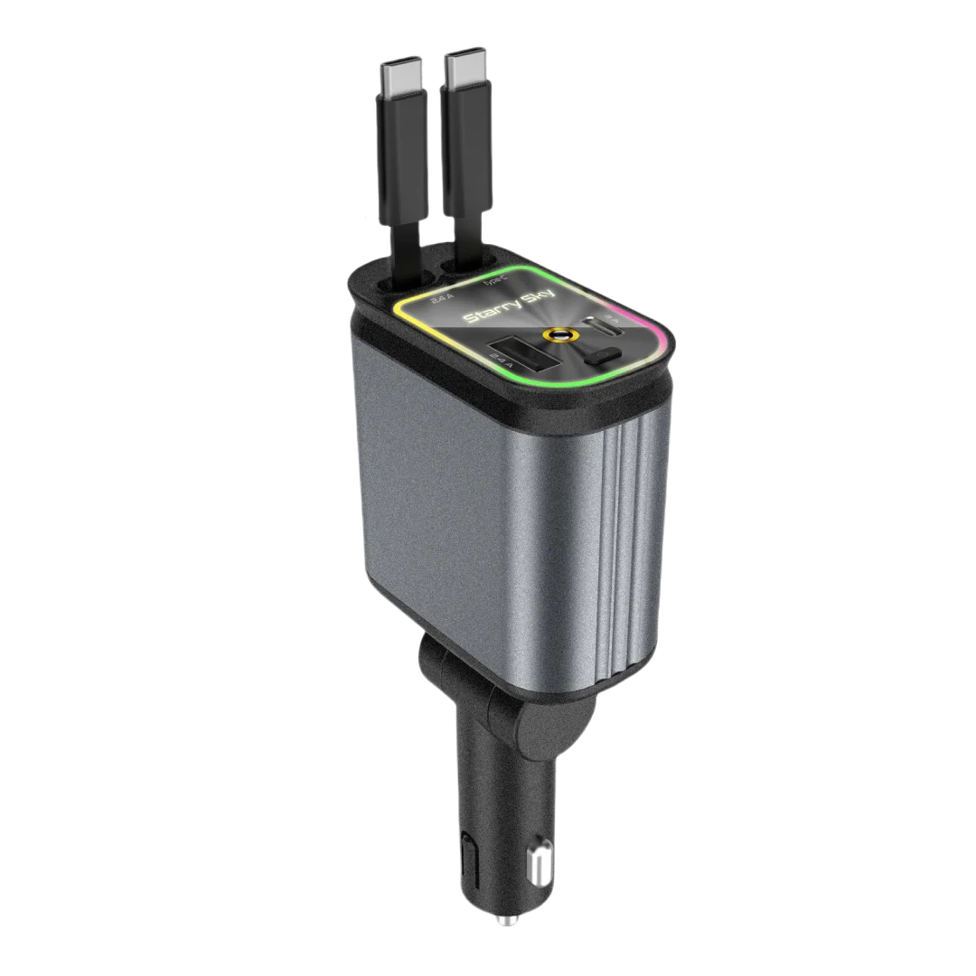 4 in 1 New Upgraded Retractable Car Charger with Starlight,66W USB C Fast Car Charger Adapter with 2 USB Ports Car Phone Charger