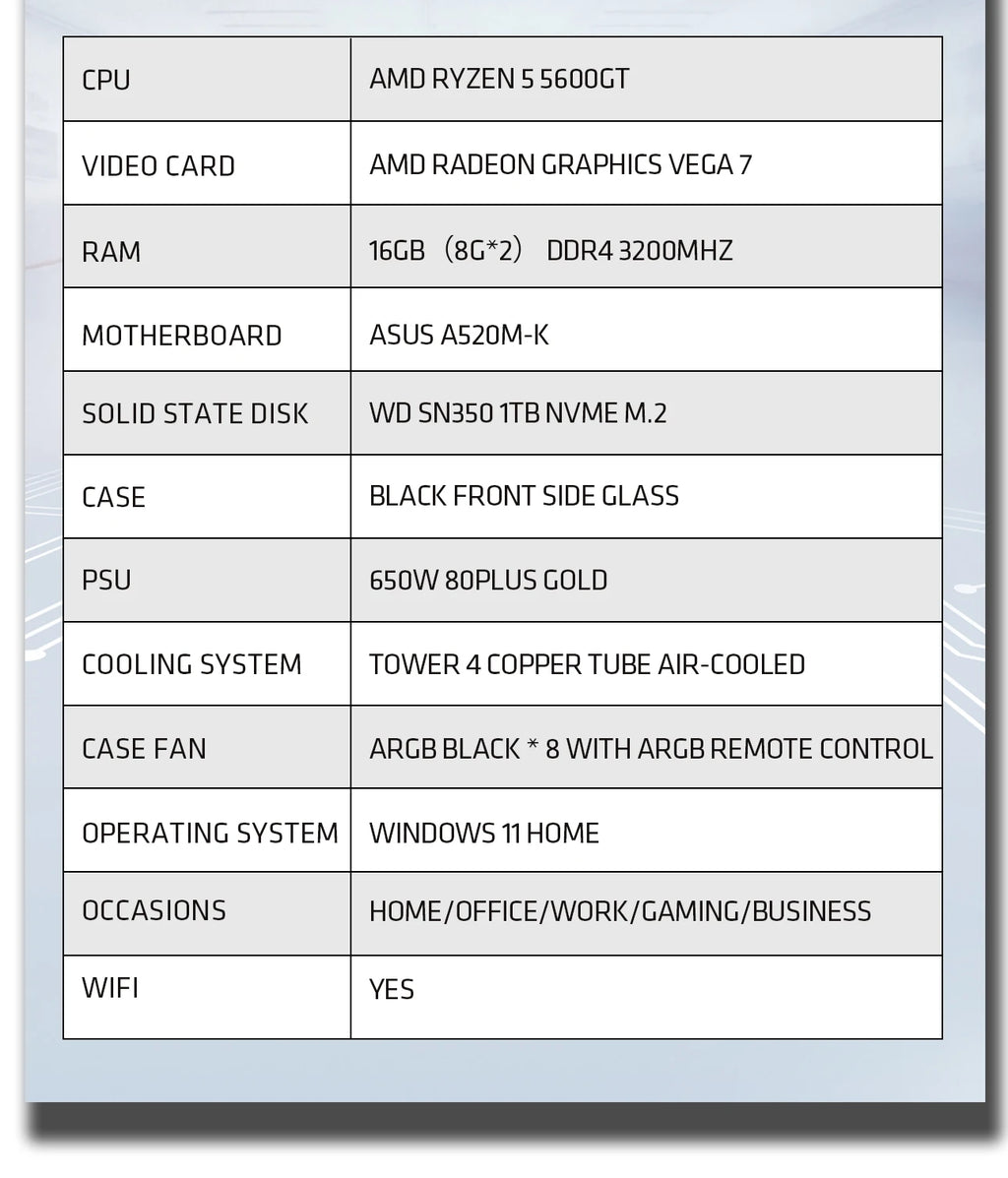 Gaming Desktop AMD Ryzen 5 5600GT 3.9GHz 16GB(8G*2) DDR4 1T NVME SSD ARGB 7 Fans